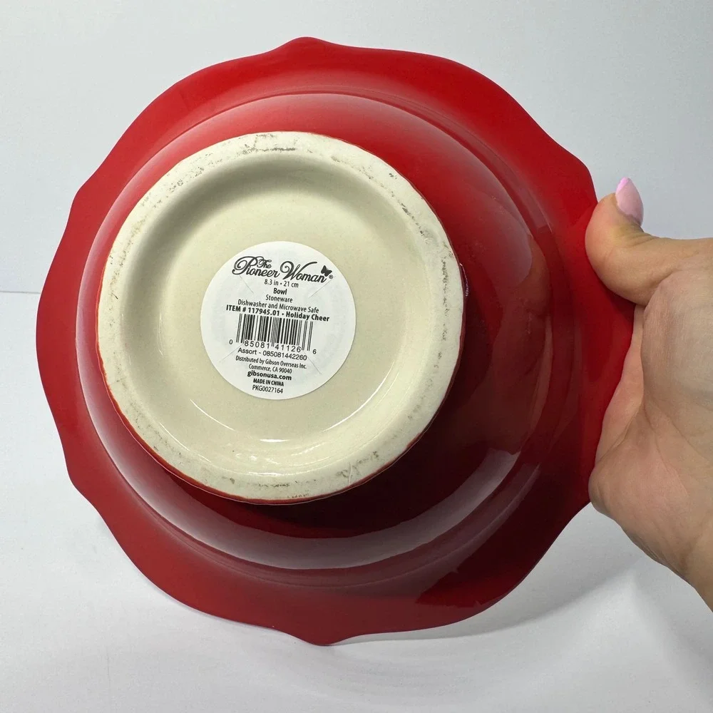 The Pioneer Woman Holiday Cheer 8.3 Inch Stoneware Bowl Christmas Poinsettia Red